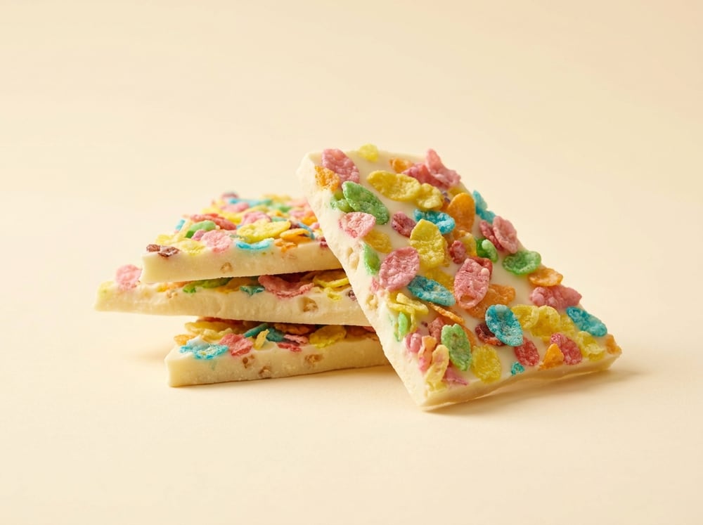 Shards of white chocolate bark scattered with rainbow-colored crispy rice cereal.