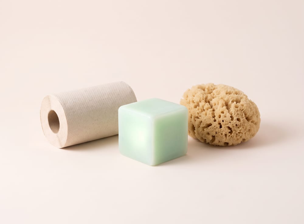 A squishy soap cube, a natural sponge and a roll of unbleached paper towels.