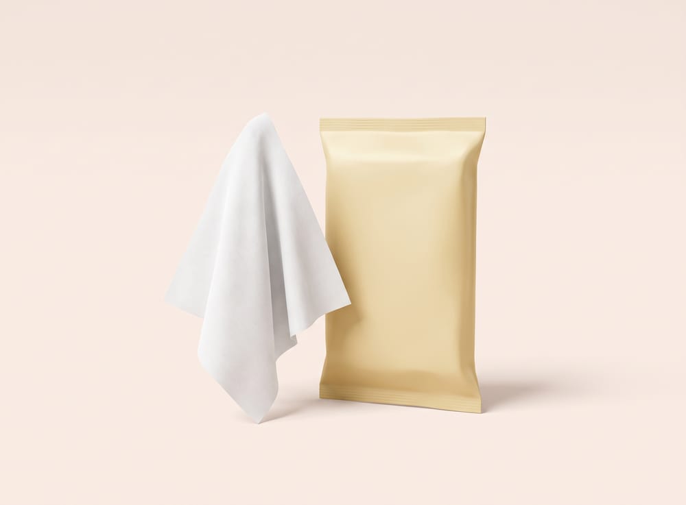 A soft white wipe draped beside a plain golden-cream pouch.