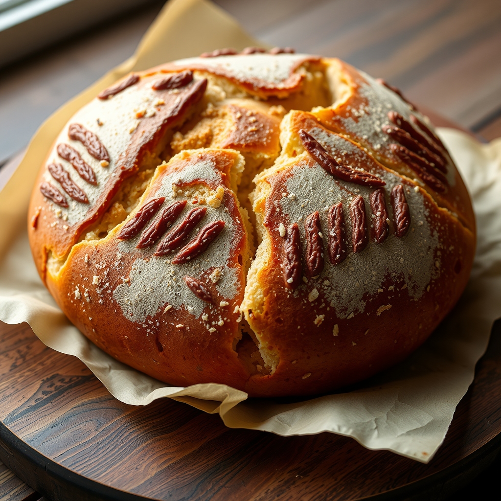 A deep red-gold awaze-spiced bread torn open to show a soft, warmly spiced crumb.