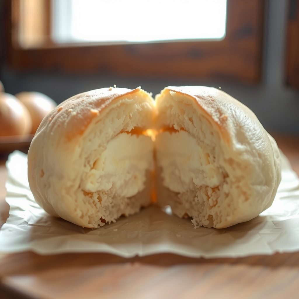 A soft bread roll split to reveal a fresh white cheese filling.