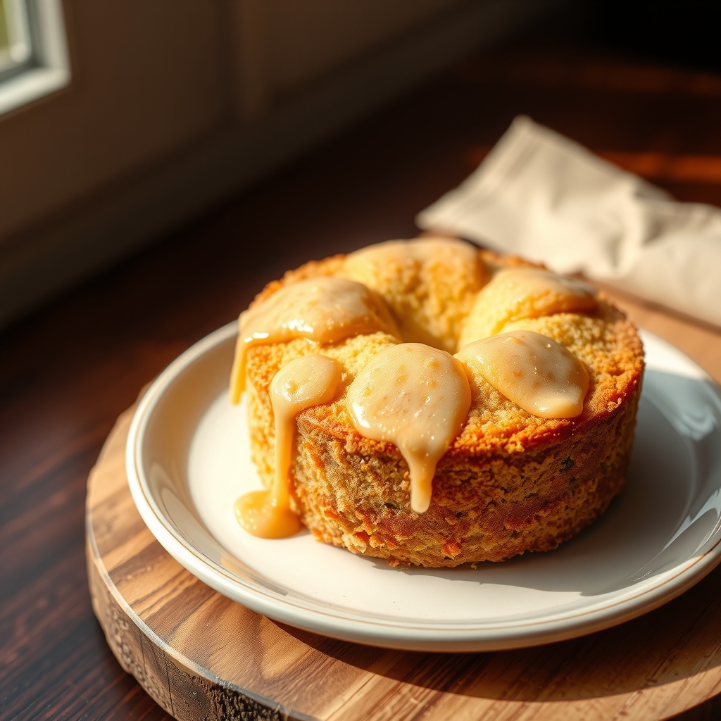 A small round banana cake with a golden crumb and a light glaze.