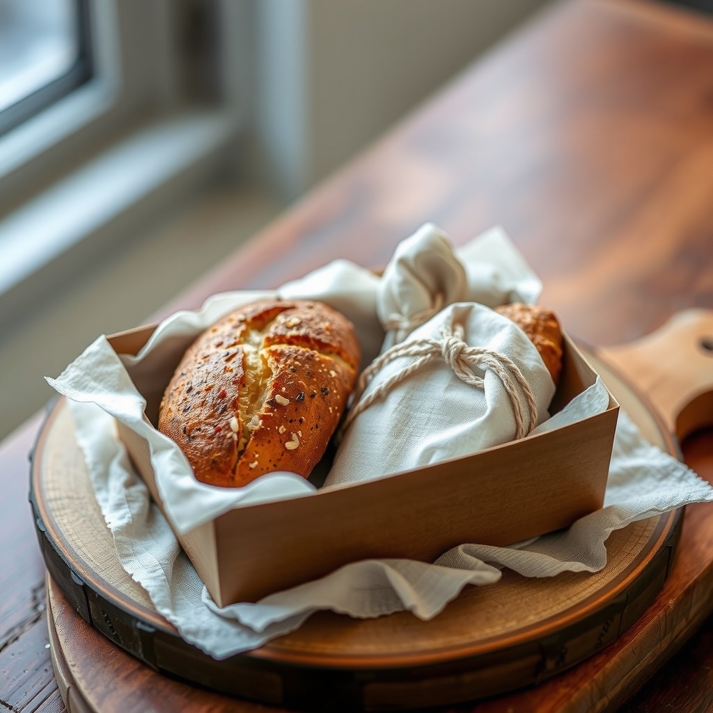 A smaller box holding two breads and a wrapped sweet on a warm cloth.