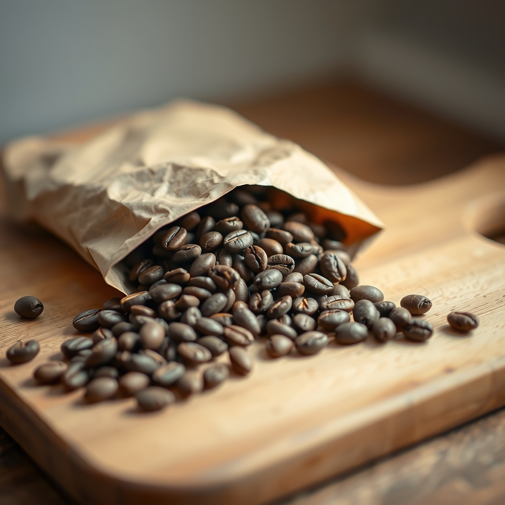A kraft bag of whole roasted Yirgacheffe coffee beans spilling onto a wooden board.