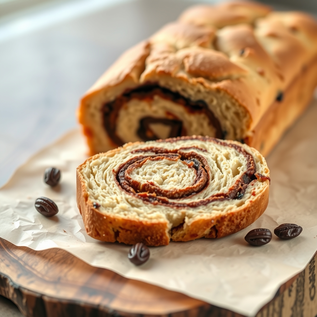 A sliced cinnamon-raisin loaf showing a dark cinnamon swirl and raisins.