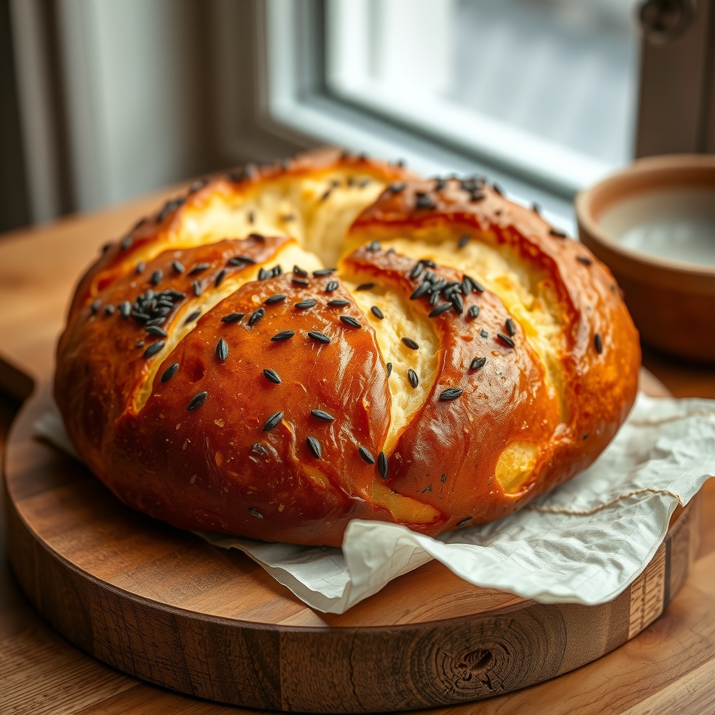A rustic round honey-spiced dabo loaf, deep amber crust flecked with black seed.