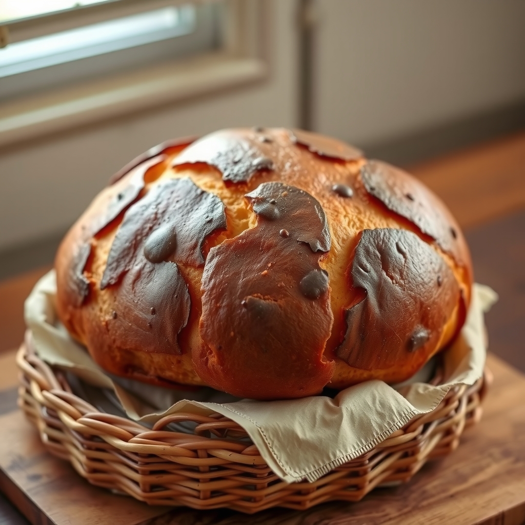 An oversized burnished difo dabo celebration loaf resting on a woven mesob basket.