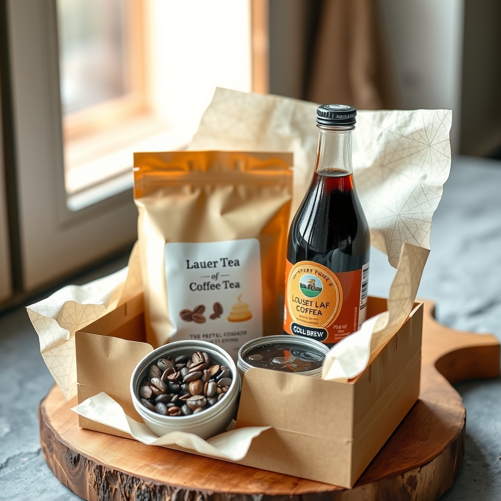 A box with a tin of loose-leaf tea, a bag of coffee beans, and a bottle of cold brew.
