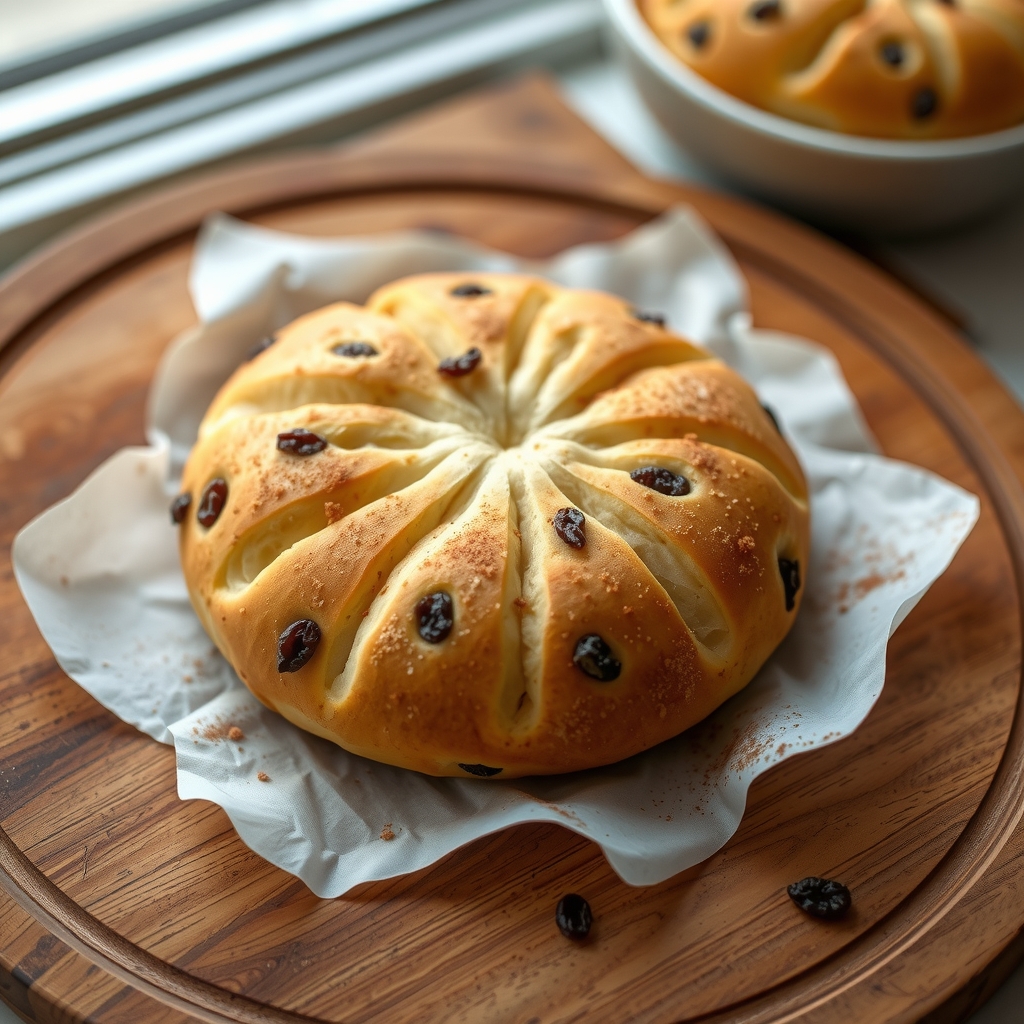 Round golden himbasha bread scored in a sunburst pattern, studded with raisins.