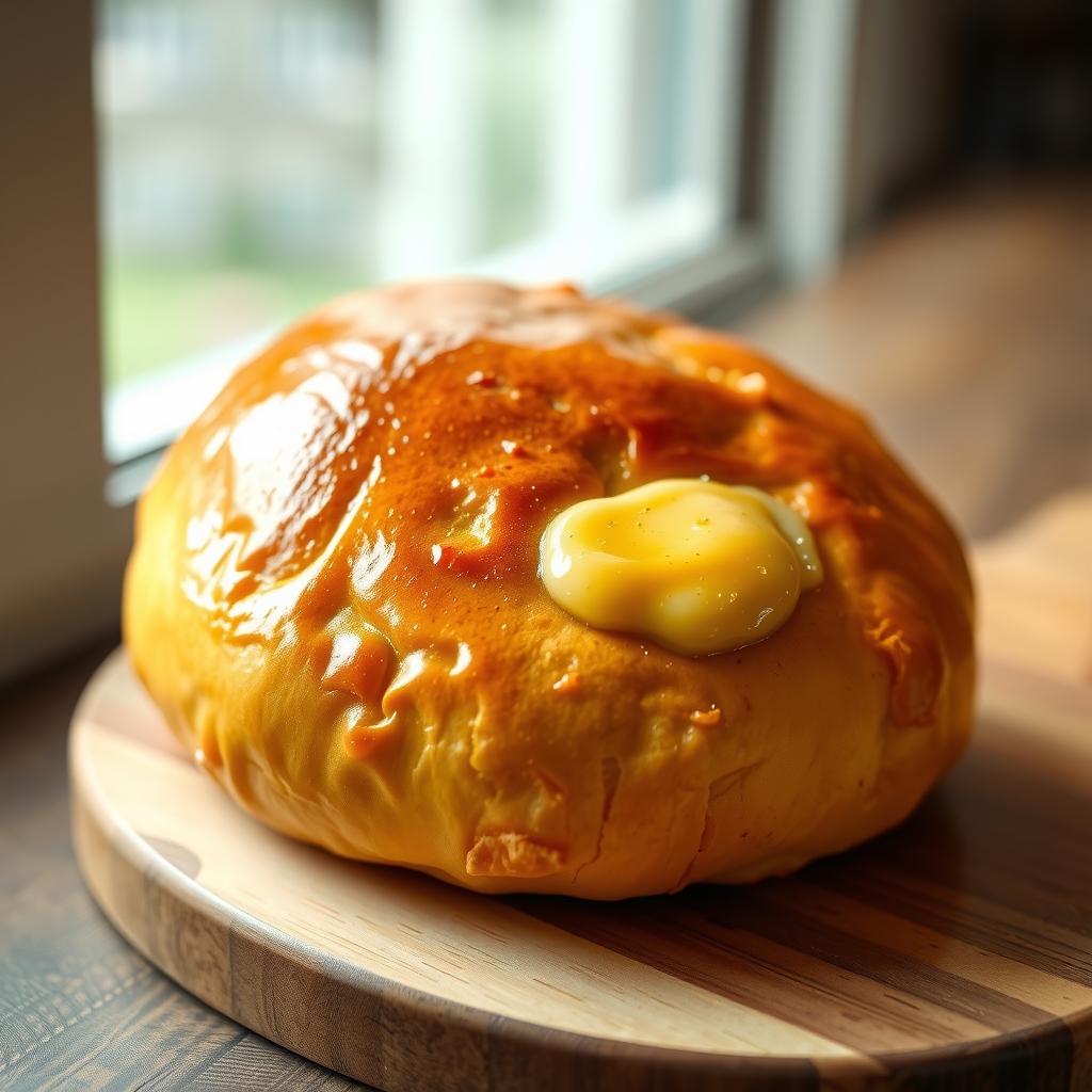 A glossy golden loaf brushed with spiced clarified butter.