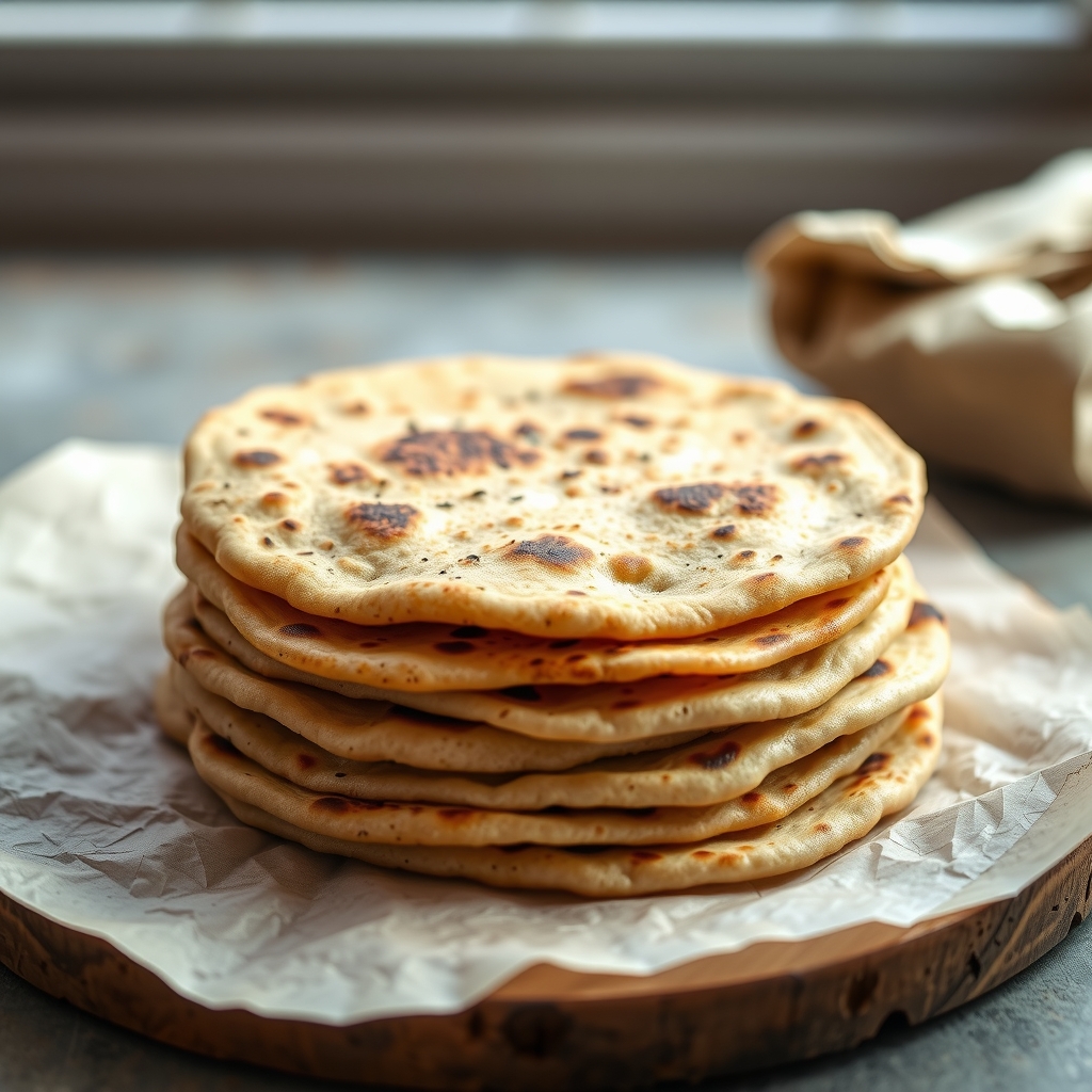 A stack of four thin, freckled kita flatbreads on parchment.
