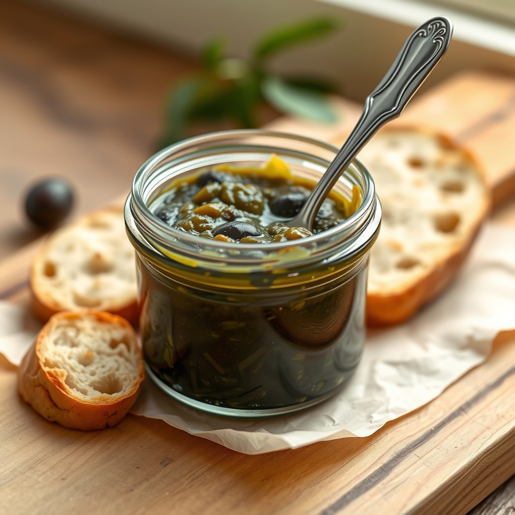A jar of dark green-black olive tapenade with a spoon and crusty bread.