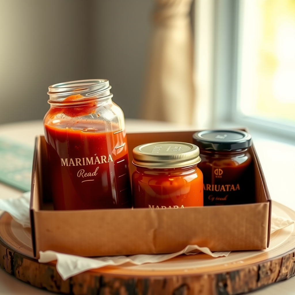 A box holding a jar of marinara and two jars of spreads.
